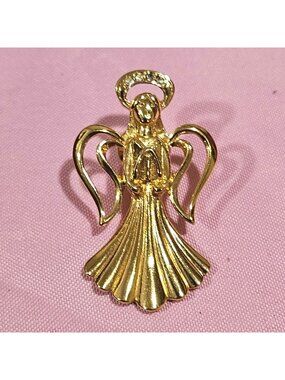 Guardian Angel Gold-Tone Lapel Pin With Rhinestone Halo 1.75" Elegant Heavenly